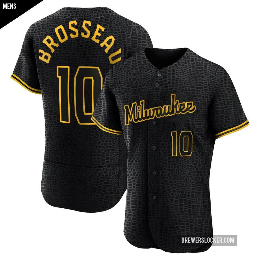 Men's Milwaukee Brewers ＃10 Mike Brosseau Authentic Black Snake Skin City Jersey