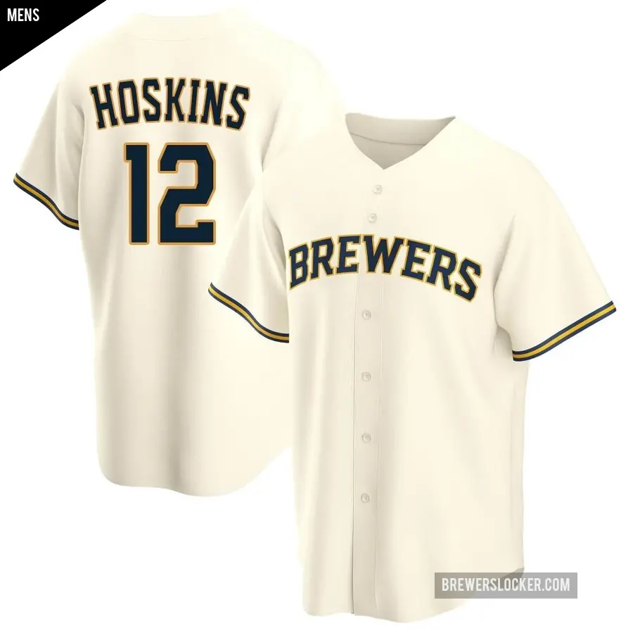 Men's Milwaukee Brewers ＃12 Rhys Hoskins Replica Cream Home Jersey