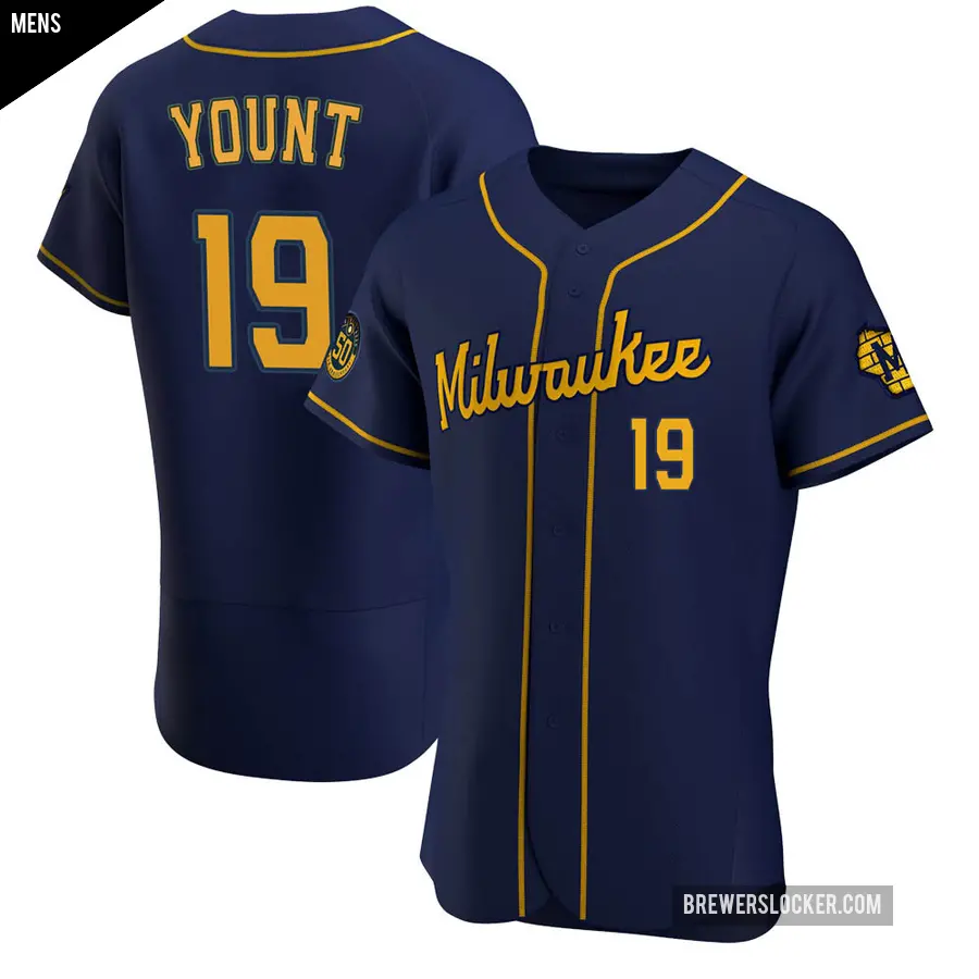 Men's Milwaukee Brewers ＃19 Robin Yount Authentic Navy Alternate Jersey