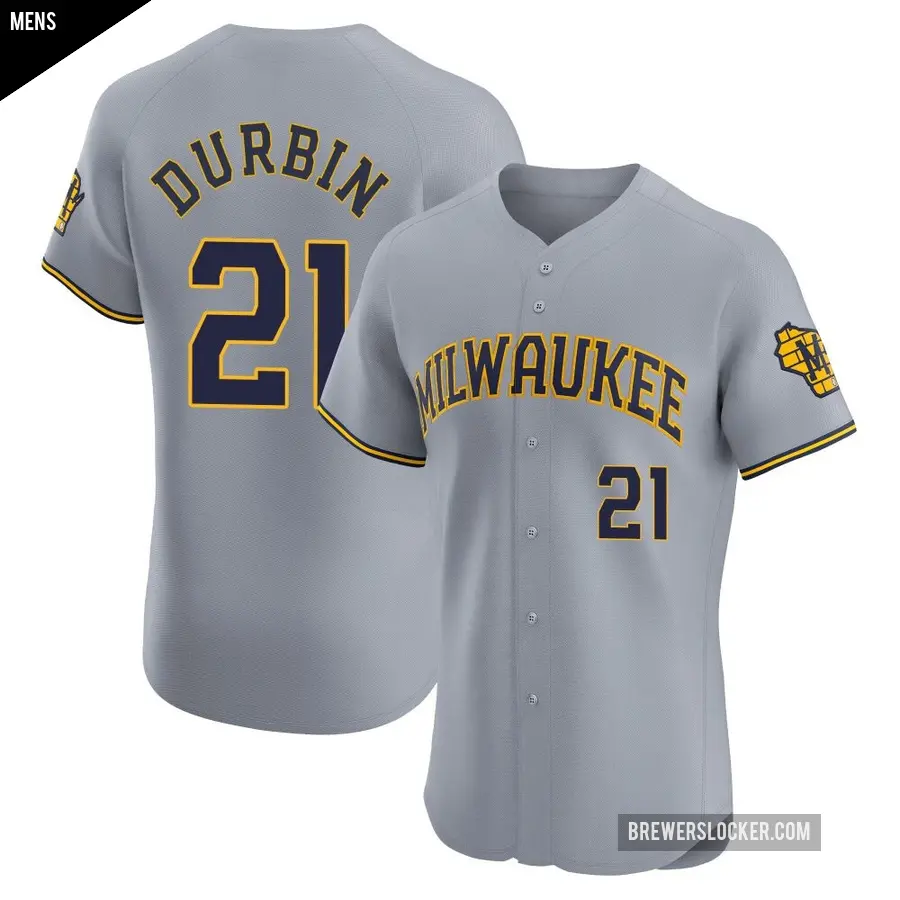 Men's Milwaukee Brewers ＃21 Caleb Durbin Elite Gray Road Jersey