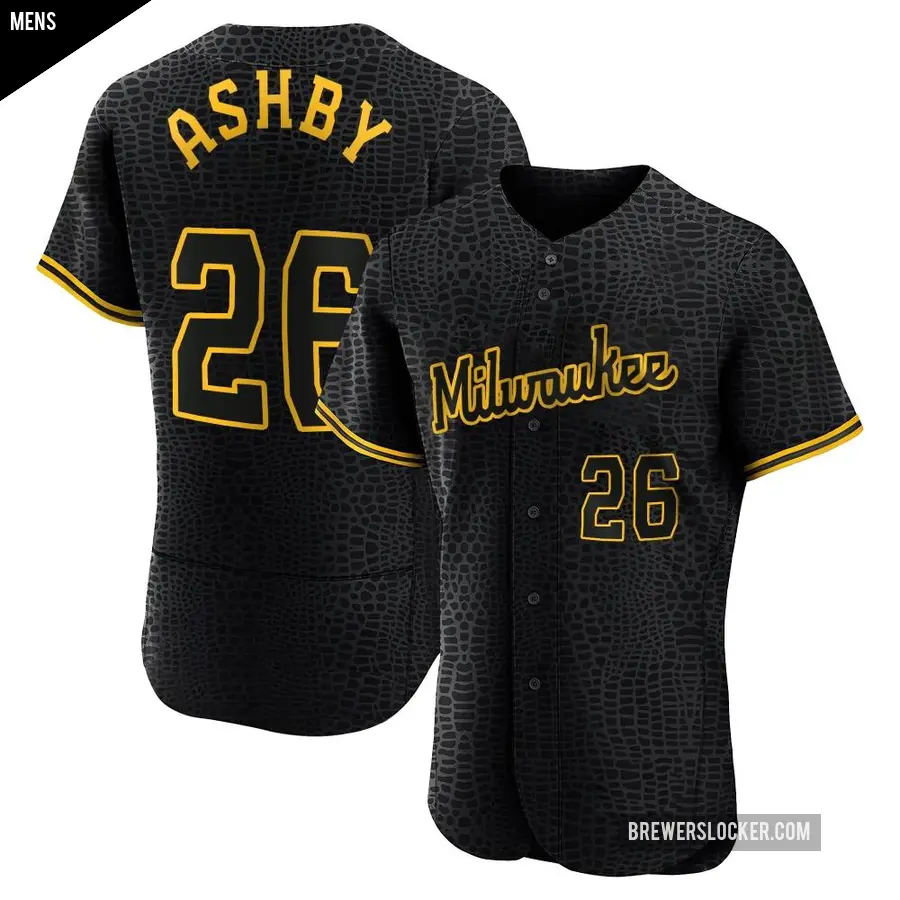 Men's Milwaukee Brewers ＃26 Aaron Ashby Authentic Black Snake Skin City Jersey