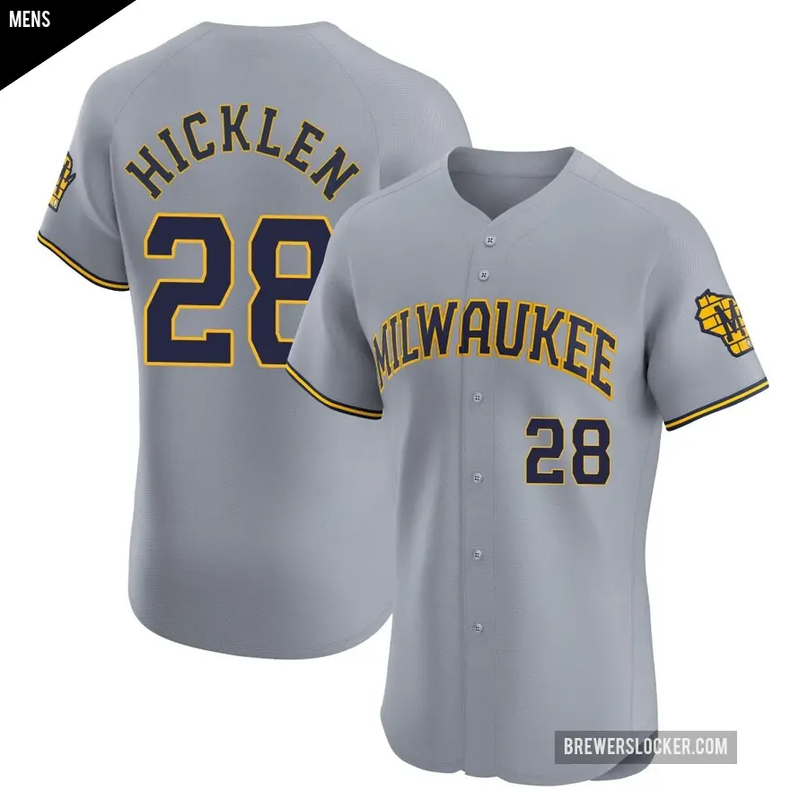 Men's Milwaukee Brewers ＃28 Brewer Hicklen Elite Gray Road Jersey