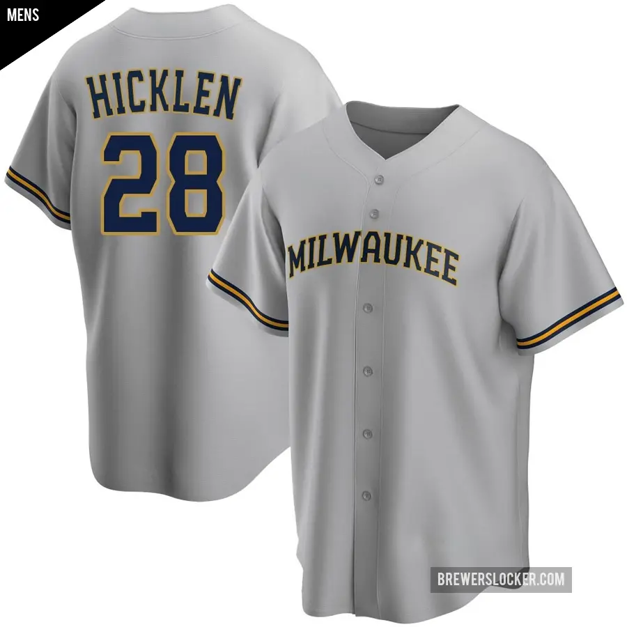 Men's Milwaukee Brewers ＃28 Brewer Hicklen Replica Gray Road Jersey