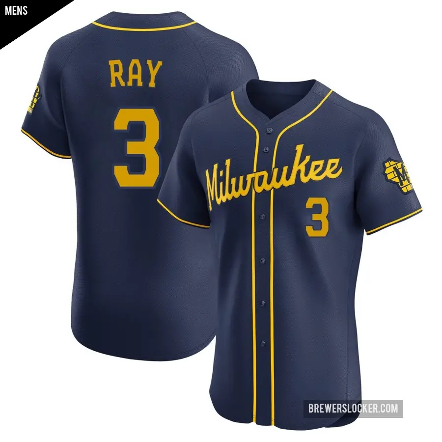 Men's Milwaukee Brewers ＃3 Corey Ray Elite Navy Alternate Jersey