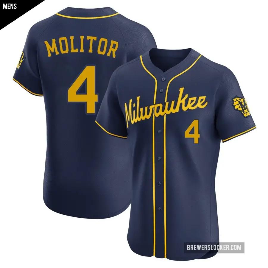 Men's Milwaukee Brewers ＃4 Paul Molitor Elite Navy Alternate Jersey
