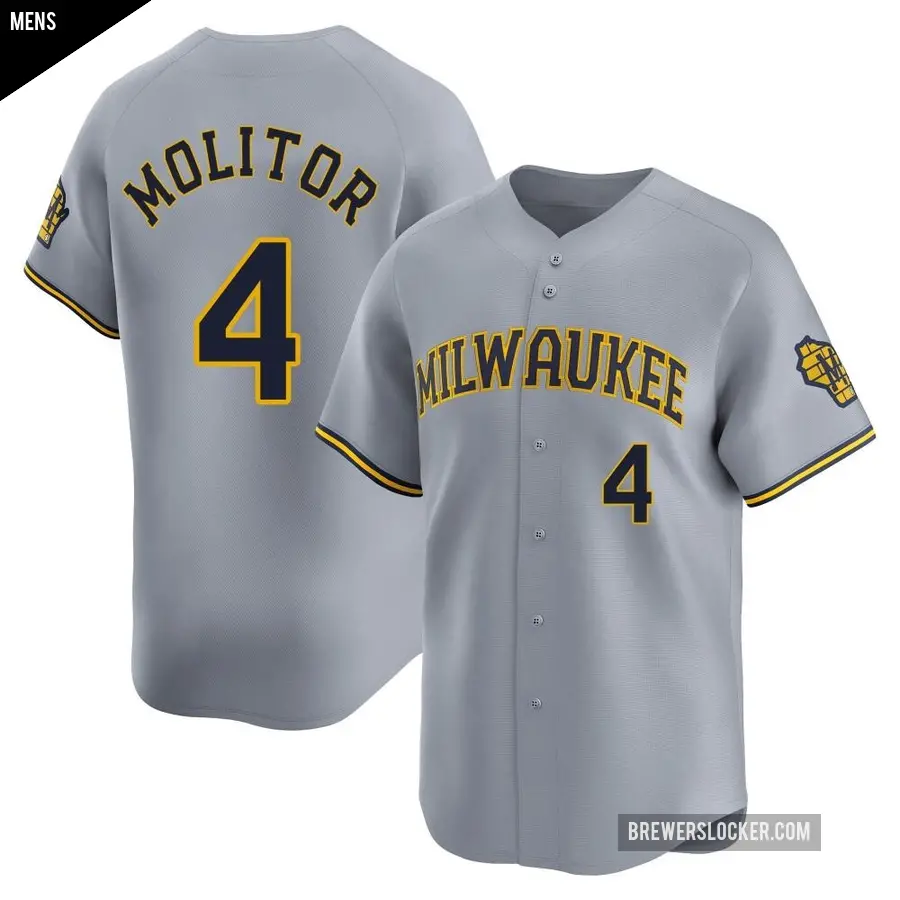 Men's Milwaukee Brewers ＃4 Paul Molitor Limited Gray Away Jersey