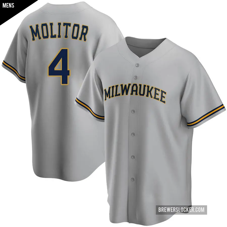 Men's Milwaukee Brewers ＃4 Paul Molitor Replica Gray Road Jersey