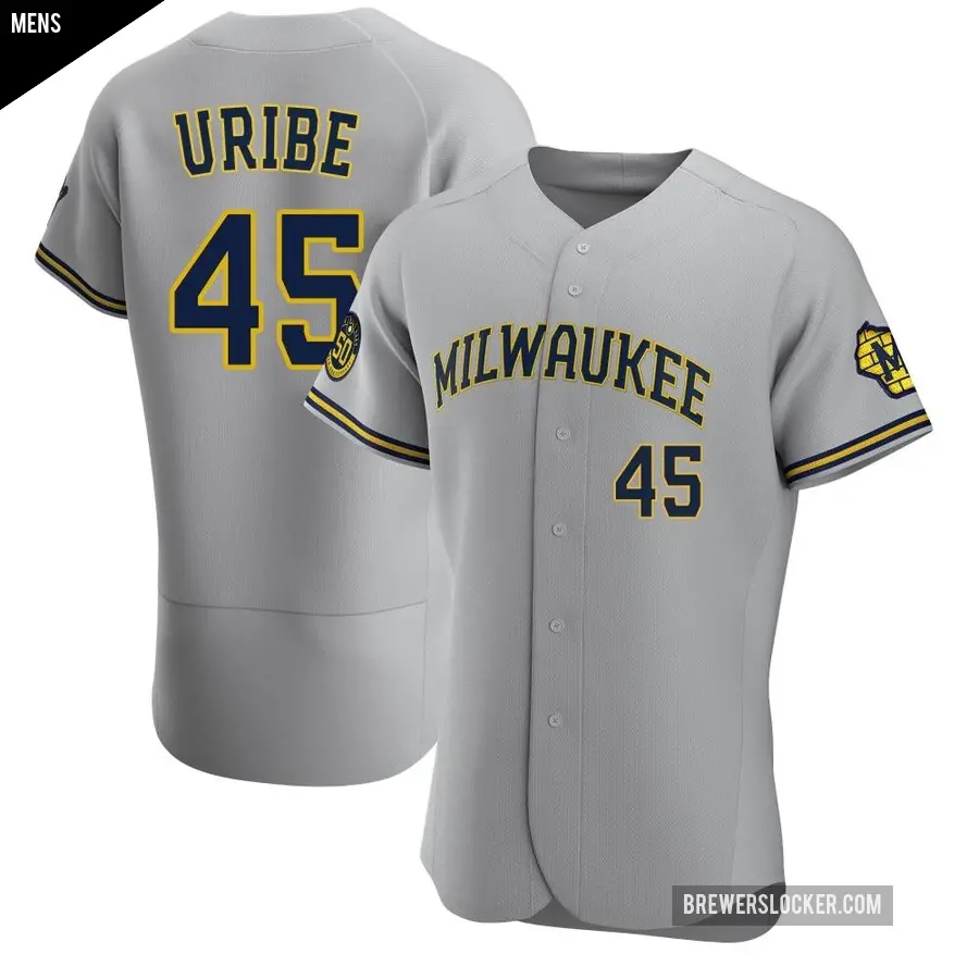 Men's Milwaukee Brewers ＃45 Abner Uribe Authentic Gray Road Jersey