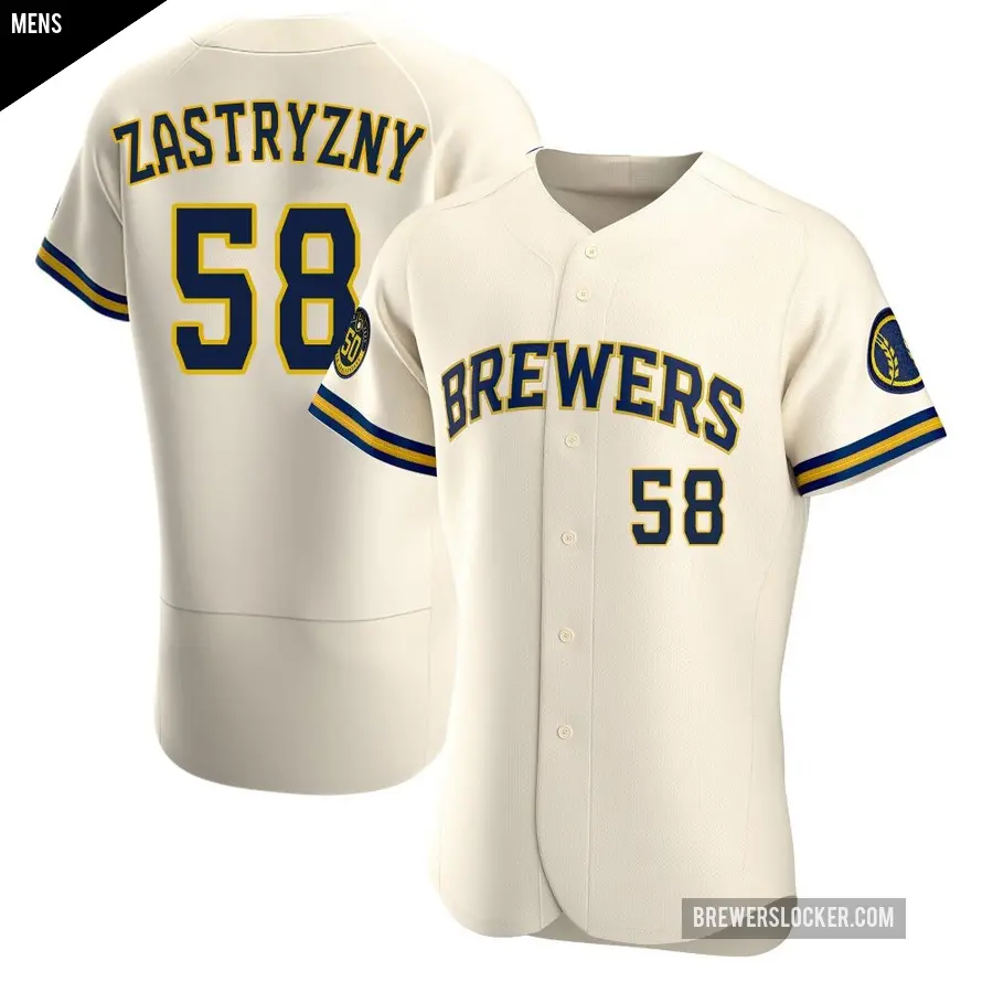Men's Milwaukee Brewers ＃58 Rob Zastryzny Authentic Cream Home Jersey