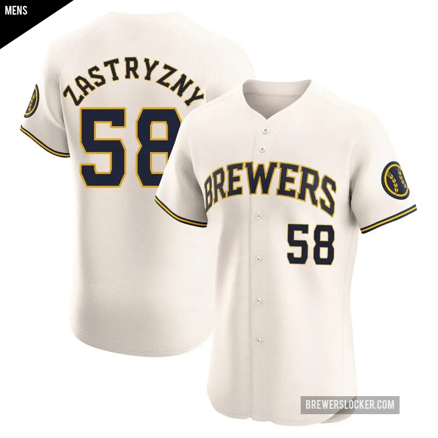 Men's Milwaukee Brewers ＃58 Rob Zastryzny Elite Cream Home Jersey
