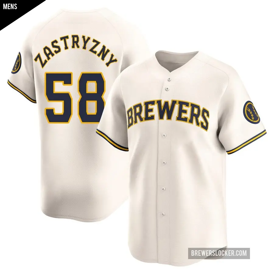 Men's Milwaukee Brewers ＃58 Rob Zastryzny Limited Cream Home Jersey