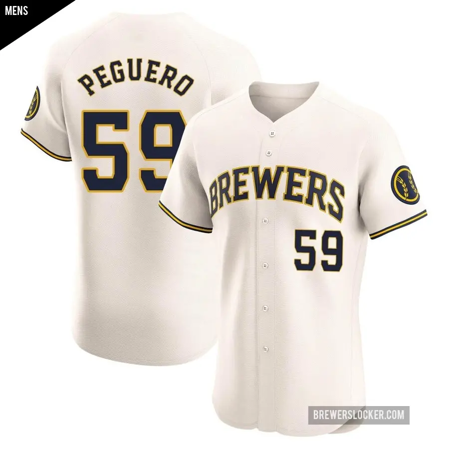 Men's Milwaukee Brewers ＃59 Elvis Peguero Elite Cream Home Jersey