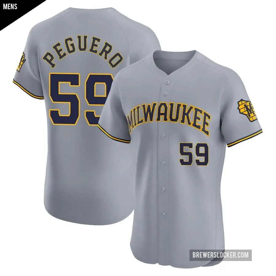 Men's Milwaukee Brewers ＃59 Elvis Peguero Elite Gray Road Jersey