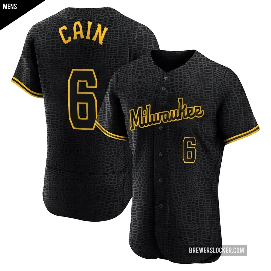 Men's Milwaukee Brewers ＃6 Lorenzo Cain Authentic Black Snake Skin City Jersey