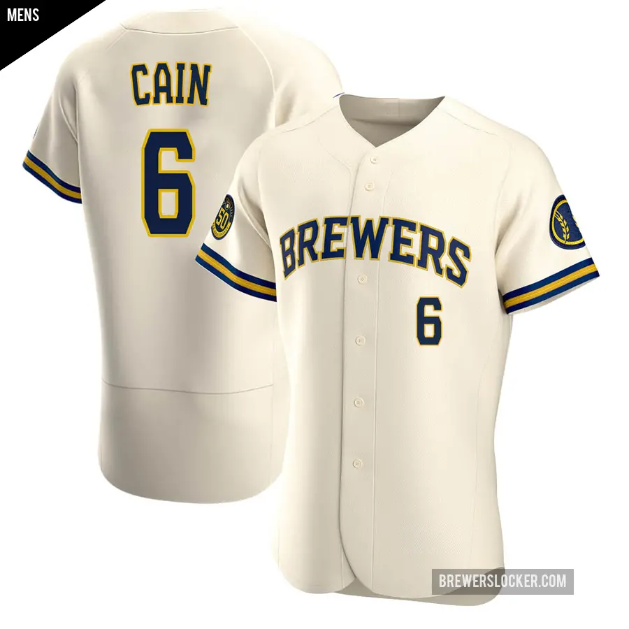 Men's Milwaukee Brewers ＃6 Lorenzo Cain Authentic Cream Home Jersey