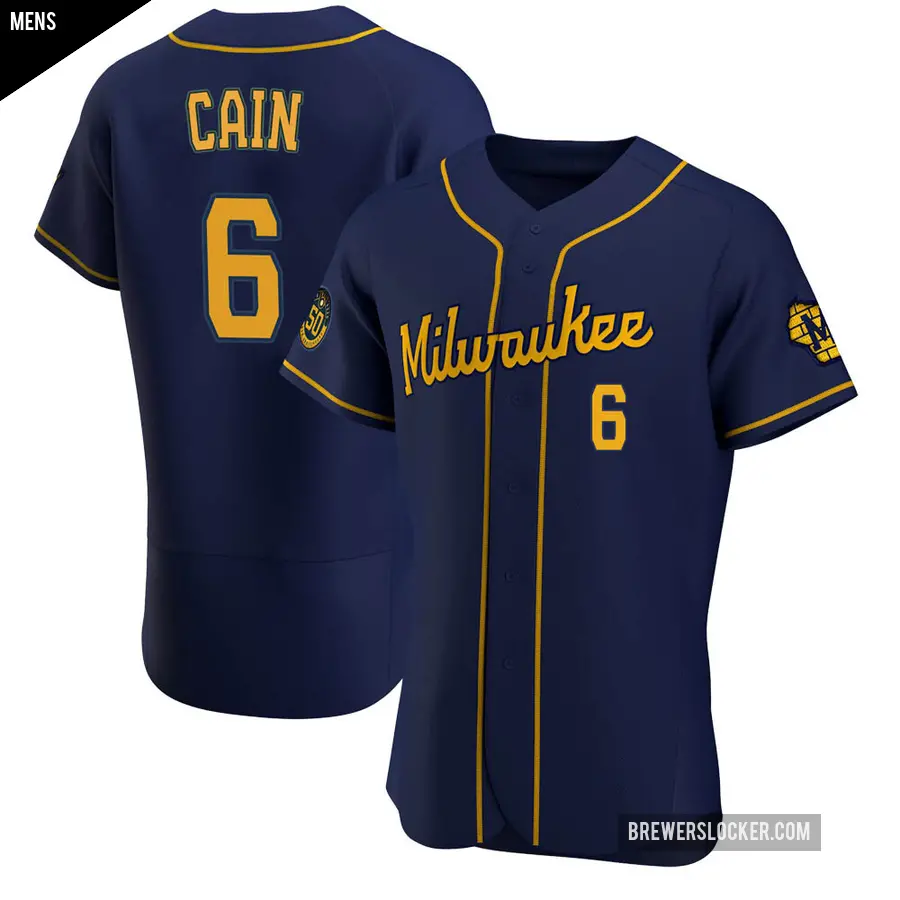 Men's Milwaukee Brewers ＃6 Lorenzo Cain Authentic Navy Alternate Jersey