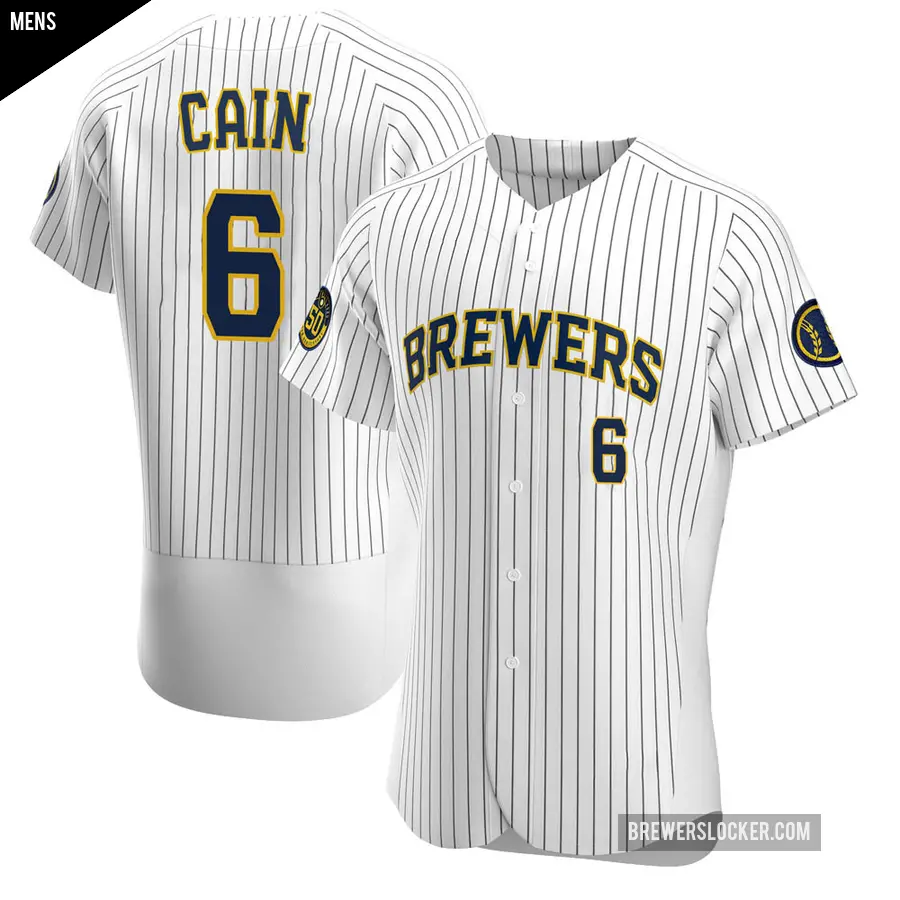 Men's Milwaukee Brewers ＃6 Lorenzo Cain Authentic White Alternate Jersey
