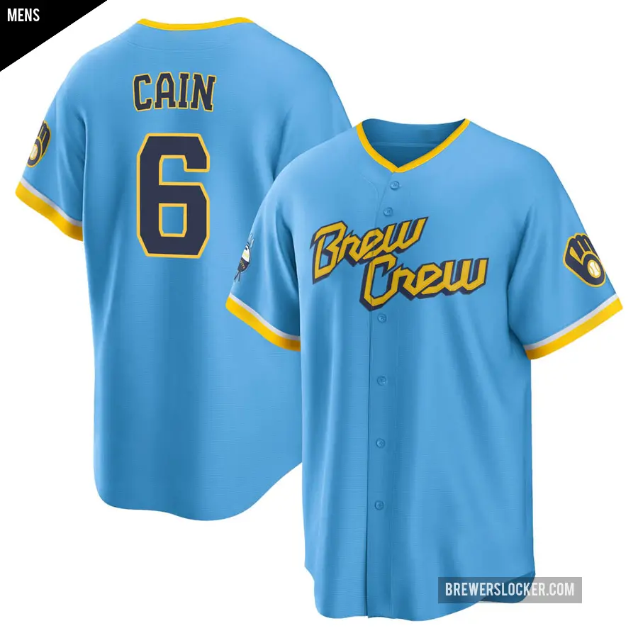Men's Milwaukee Brewers ＃6 Lorenzo Cain Replica Blue Powder 2022 City Connect Jersey