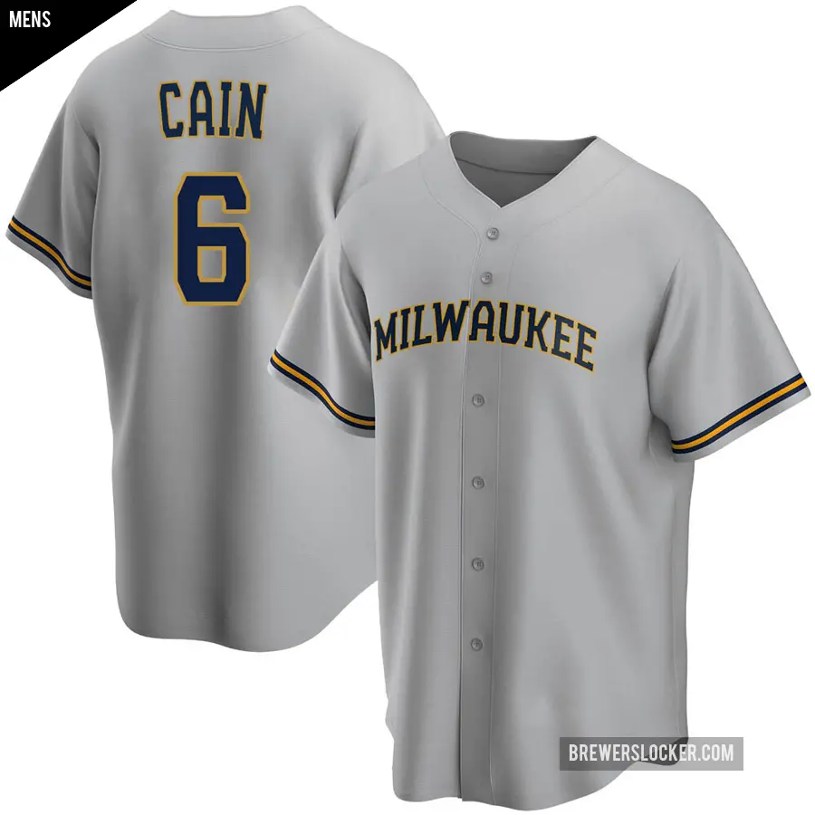 Men's Milwaukee Brewers ＃6 Lorenzo Cain Replica Gray Road Jersey
