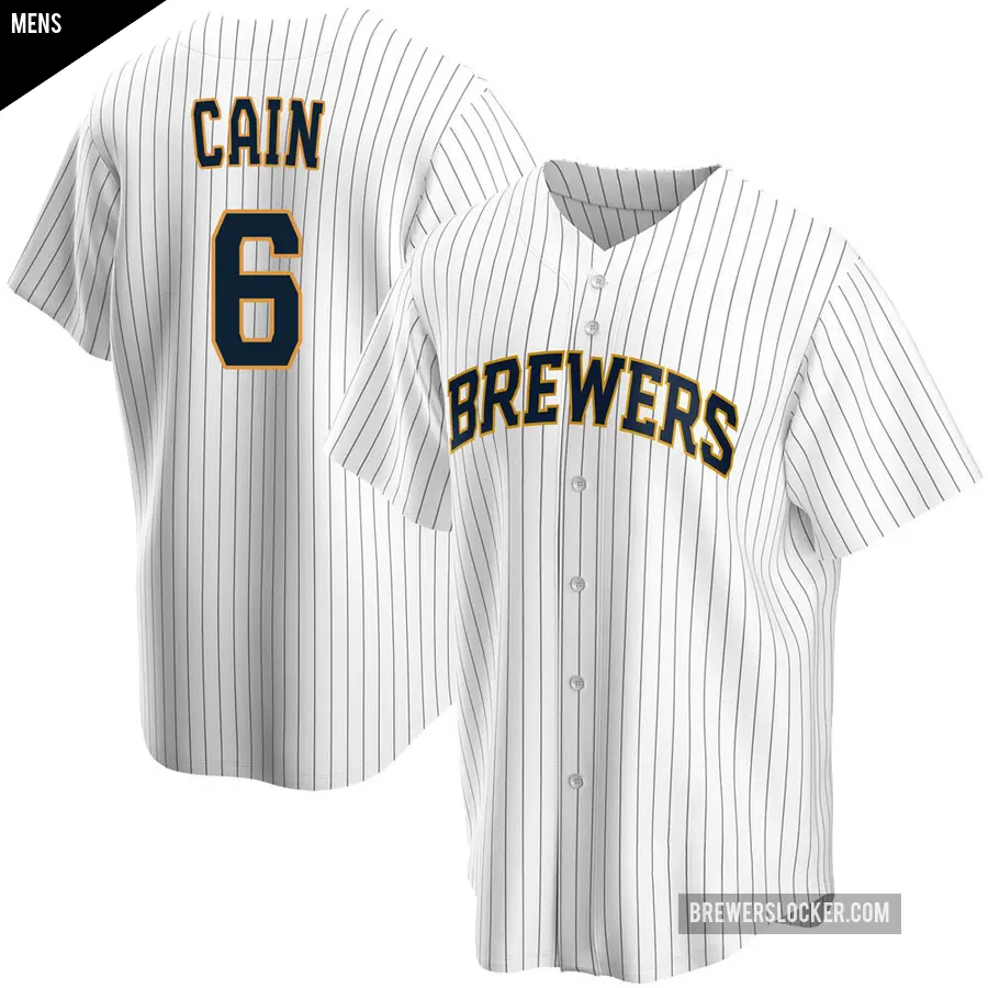 Men's Milwaukee Brewers ＃6 Lorenzo Cain Replica White Home Jersey