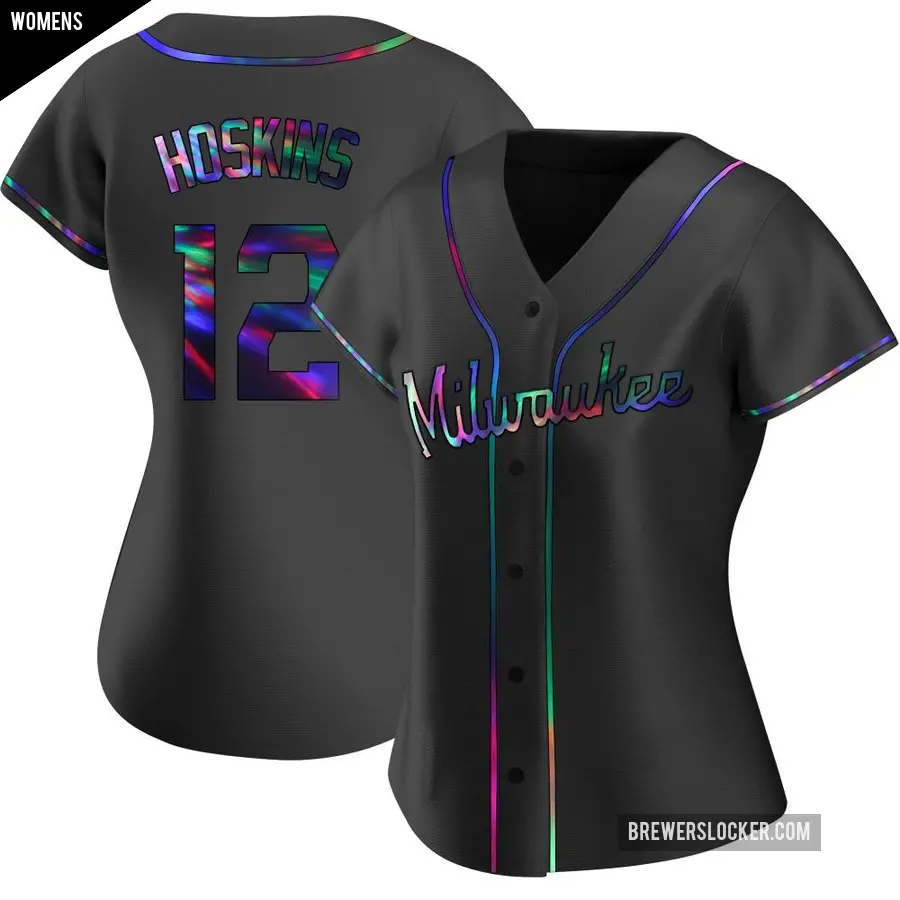Women's Milwaukee Brewers ＃12 Rhys Hoskins Replica Black Holographic Alternate Jersey