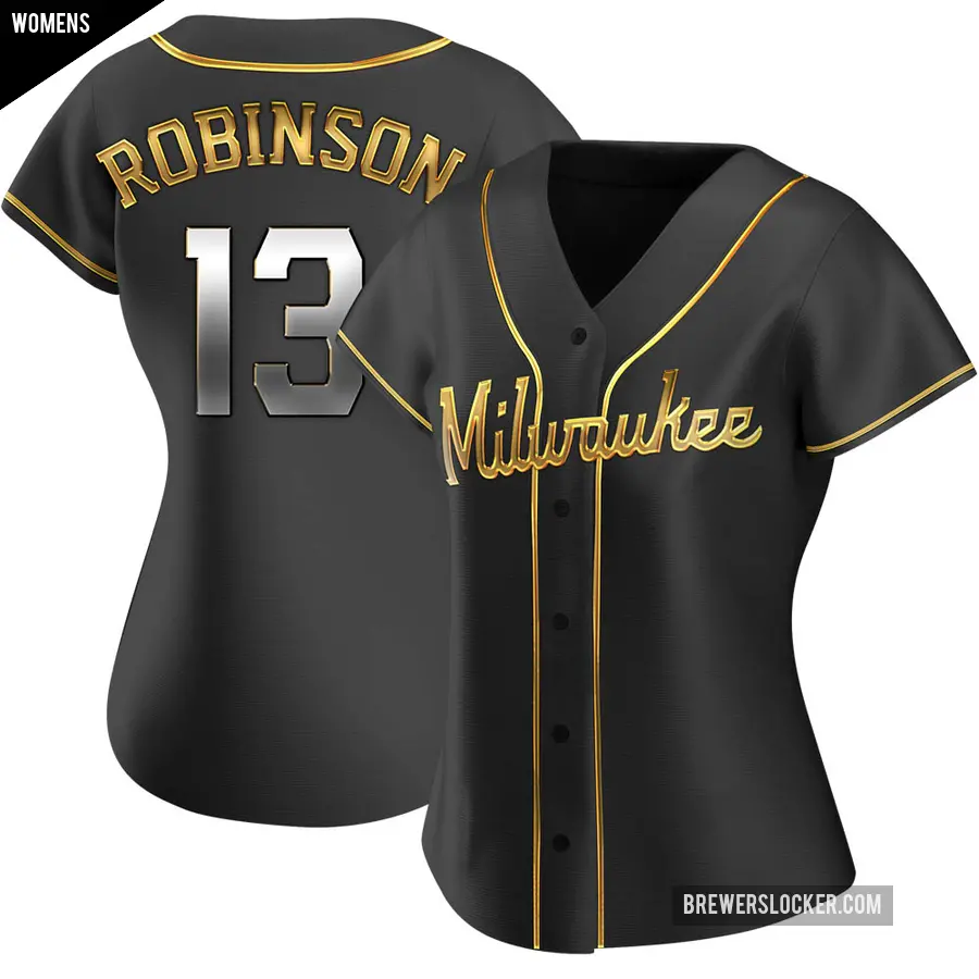 Women's Milwaukee Brewers ＃13 Glenn Robinson Replica Gold Black en Alternate Jersey