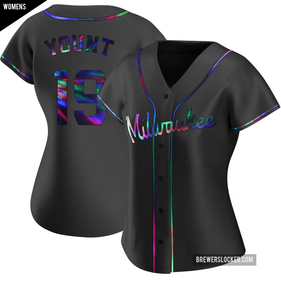 Women's Milwaukee Brewers ＃19 Robin Yount Replica Black Holographic Alternate Jersey