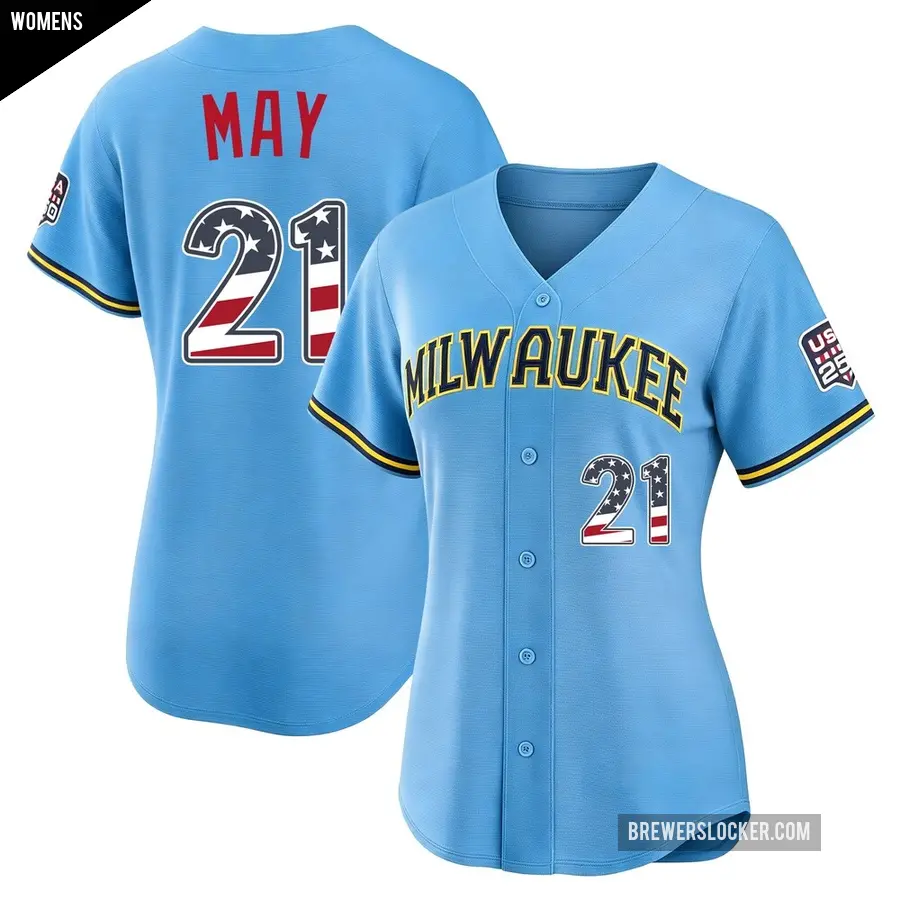 Women's Milwaukee Brewers ＃21 Dustin May Limited Light Blue USA 250 Fourth Of July Road Stadium Jersey