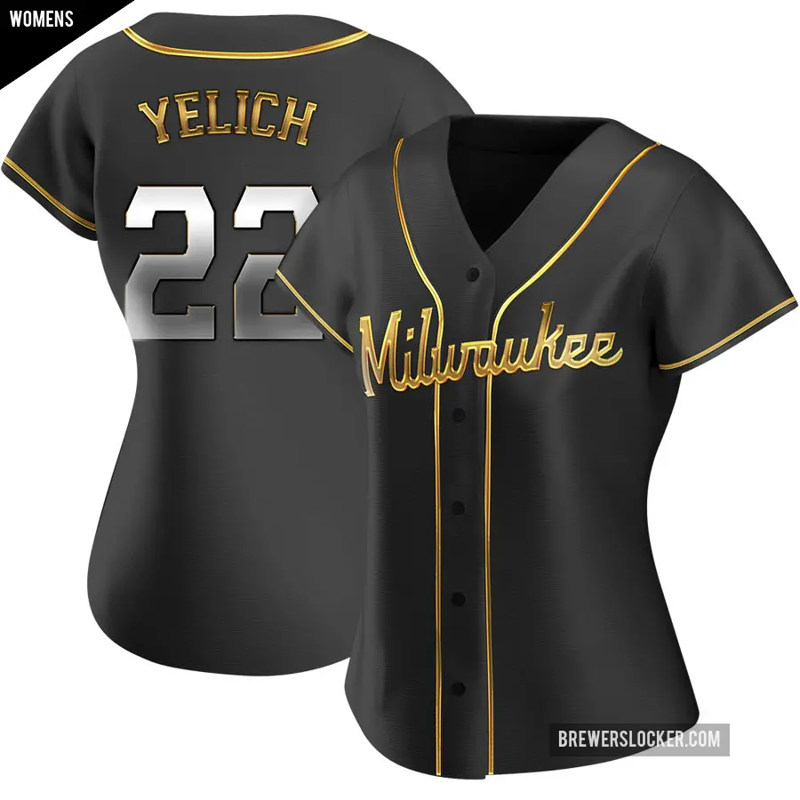 Women's Milwaukee Brewers ＃22 Christian Yelich Replica Gold Black en Alternate Jersey