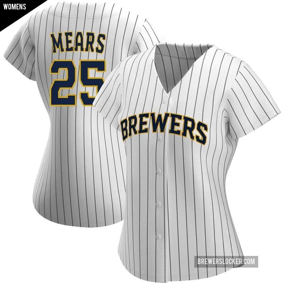 Women's Milwaukee Brewers ＃25 Nick Mears Replica White/Navy Alternate Jersey