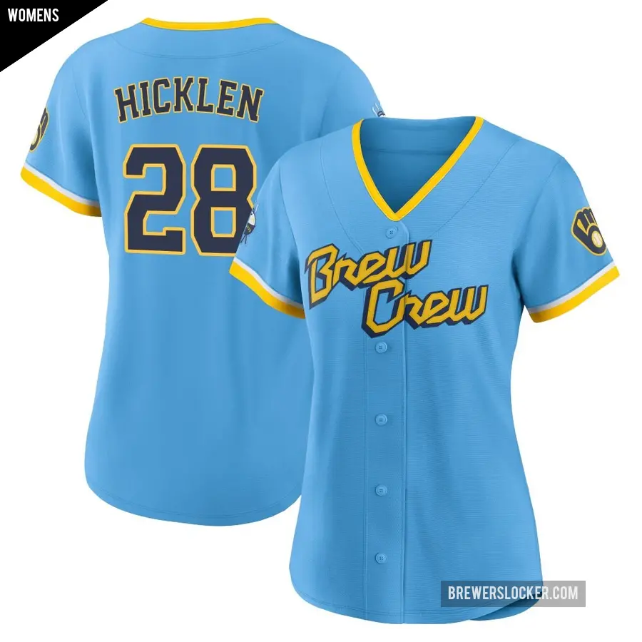 Women's Milwaukee Brewers ＃28 Brewer Hicklen Replica Blue Powder 2022 City Connect Jersey
