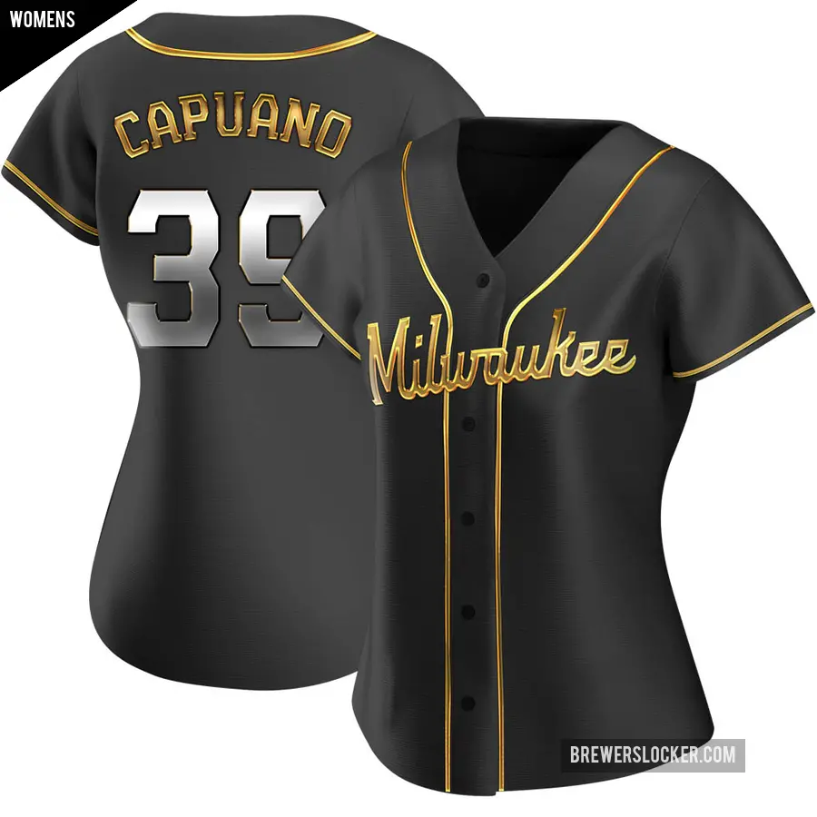 Women's Milwaukee Brewers ＃39 Chris Capuano Replica Gold Black en Alternate Jersey