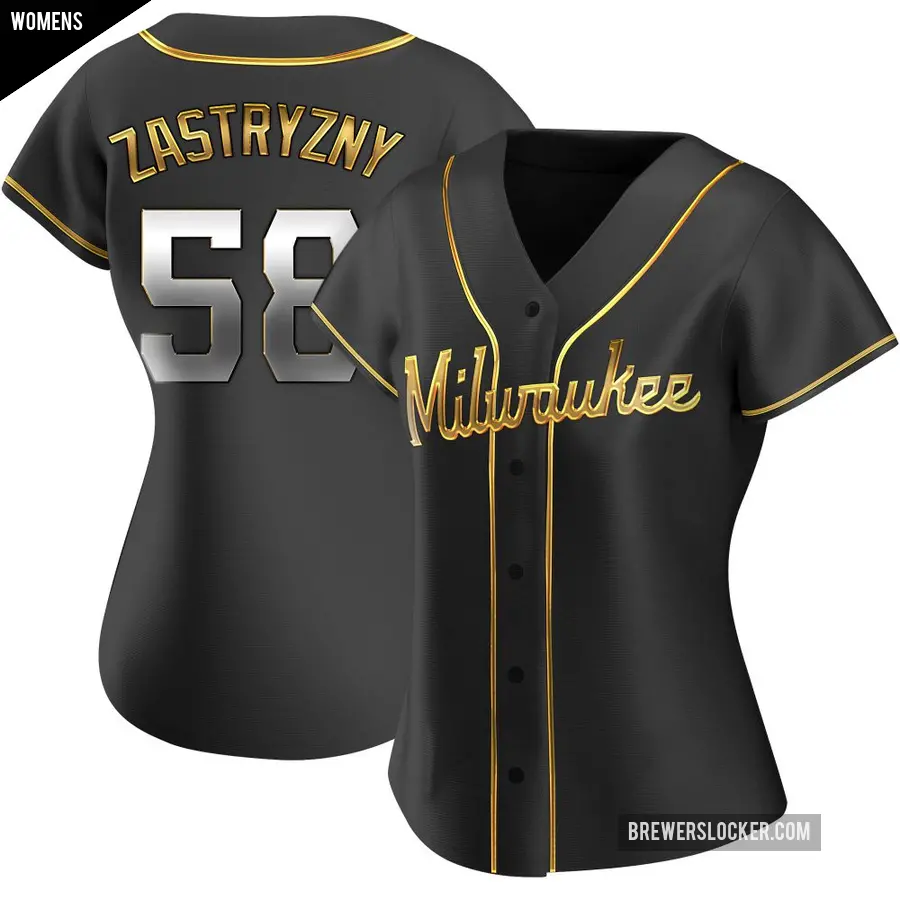 Women's Milwaukee Brewers ＃58 Rob Zastryzny Replica Gold Black en Alternate Jersey
