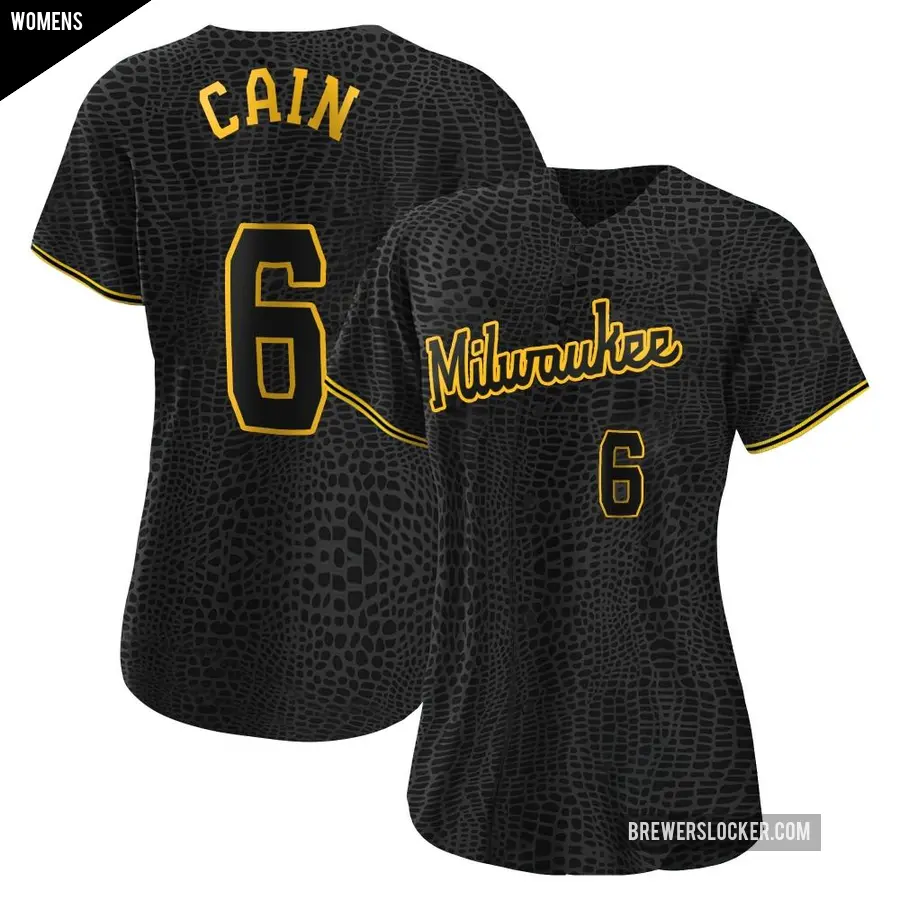 Women's Milwaukee Brewers ＃6 Lorenzo Cain Authentic Black Snake Skin City Jersey