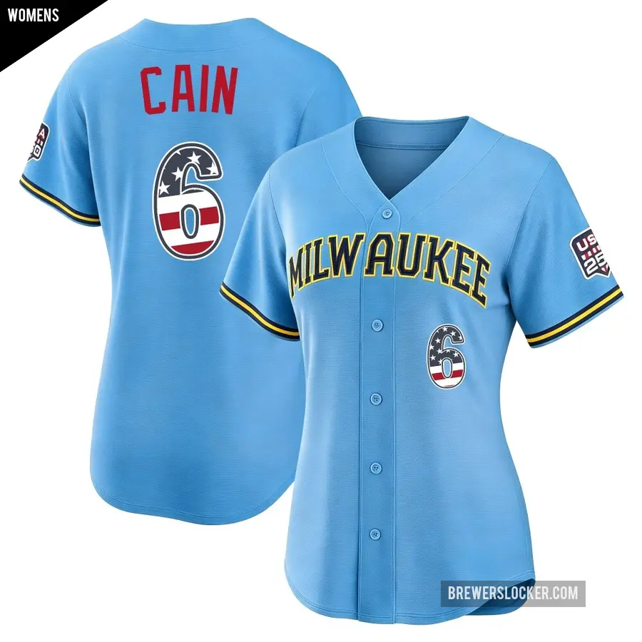 Women's Milwaukee Brewers ＃6 Lorenzo Cain Limited Light Blue USA 250 Fourth Of July Road Stadium Jersey
