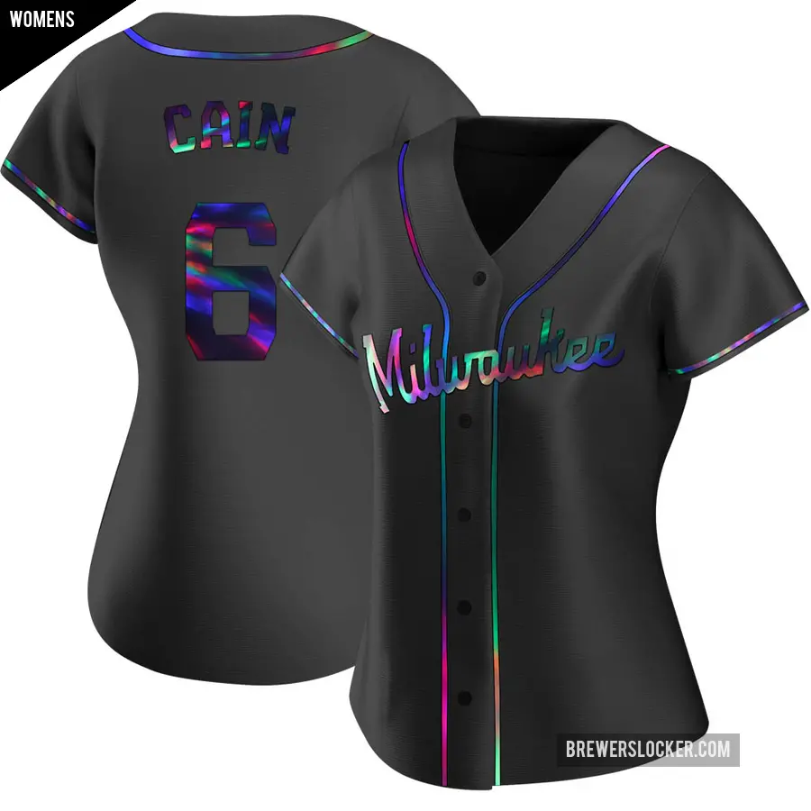 Women's Milwaukee Brewers ＃6 Lorenzo Cain Replica Black Holographic Alternate Jersey