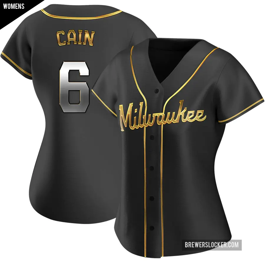 Women's Milwaukee Brewers ＃6 Lorenzo Cain Replica Gold Black en Alternate Jersey