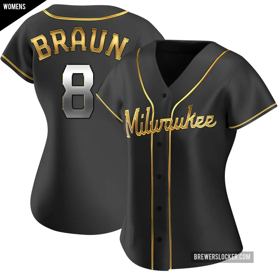 Women's Milwaukee Brewers ＃8 Ryan Braun Replica Gold Black en Alternate Jersey