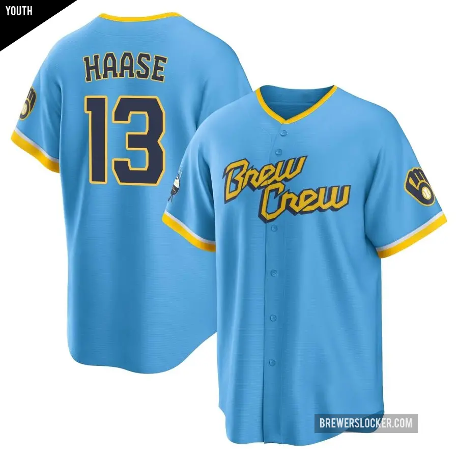 Youth Milwaukee Brewers ＃13 Eric Haase Replica Blue Powder 2022 City Connect Jersey