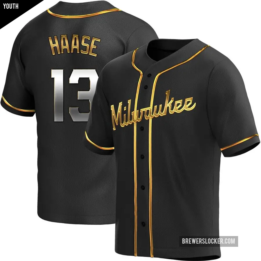 Youth Milwaukee Brewers ＃13 Eric Haase Replica Gold Black en Alternate Jersey