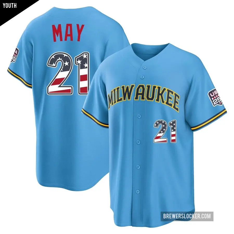 Youth Milwaukee Brewers ＃21 Dustin May Limited Light Blue USA 250 Fourth Of July Road Stadium Jersey