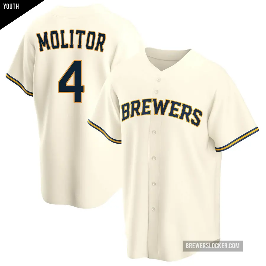 Youth Milwaukee Brewers ＃4 Paul Molitor Replica Cream Home Jersey