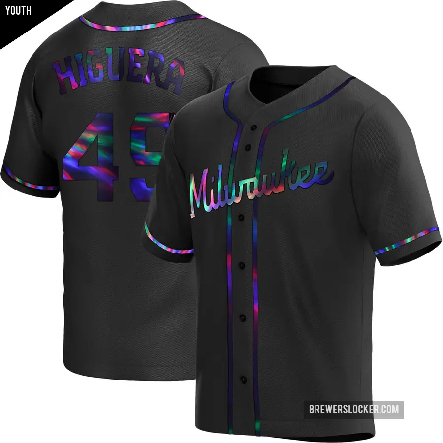 Youth Milwaukee Brewers ＃49 Teddy Higuera Replica Black Holographic Alternate Jersey