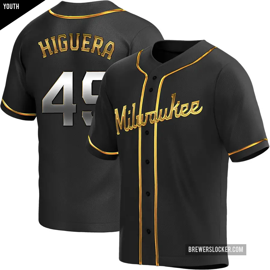 Youth Milwaukee Brewers ＃49 Teddy Higuera Replica Gold Black en Alternate Jersey