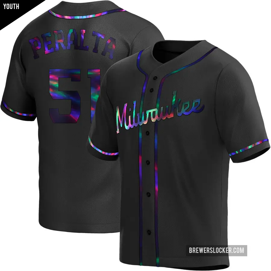 Youth Milwaukee Brewers ＃51 Freddy Peralta Replica Black Holographic Alternate Jersey