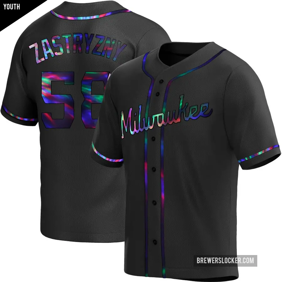 Youth Milwaukee Brewers ＃58 Rob Zastryzny Replica Black Holographic Alternate Jersey