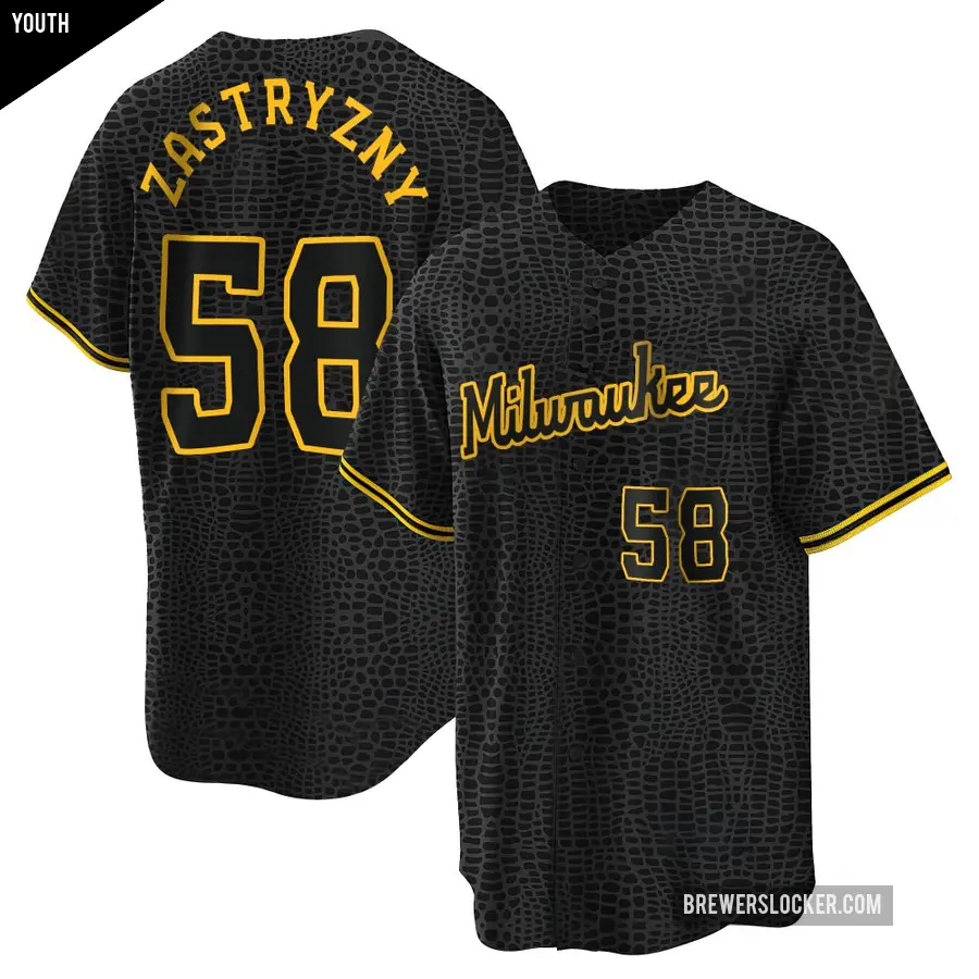 Youth Milwaukee Brewers ＃58 Rob Zastryzny Replica Black Snake Skin City Jersey
