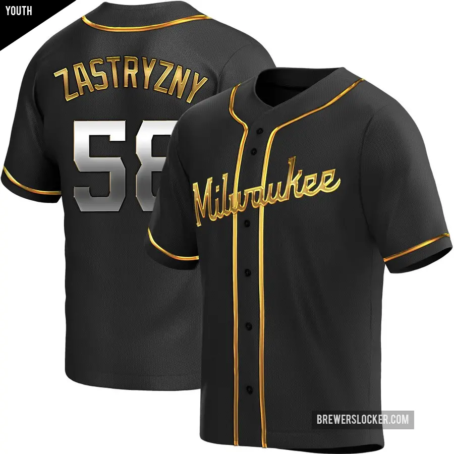 Youth Milwaukee Brewers ＃58 Rob Zastryzny Replica Gold Black en Alternate Jersey
