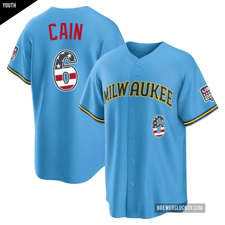 Youth Milwaukee Brewers ＃6 Lorenzo Cain Limited Light Blue USA 250 Fourth Of July Road Stadium Jersey