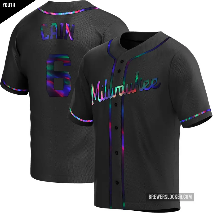 Youth Milwaukee Brewers ＃6 Lorenzo Cain Replica Black Holographic Alternate Jersey